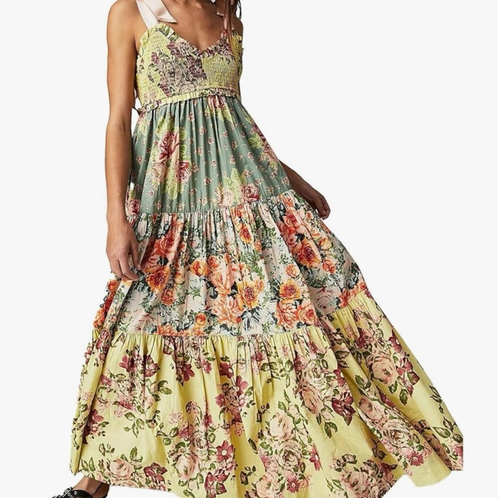 Free People Floral Tiered Maxi Dress in Yellow, Green and Blue - Picture 8 of 13